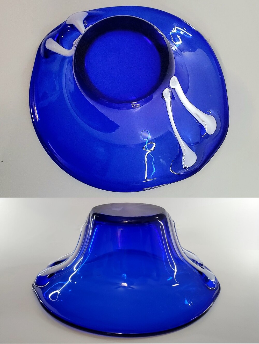 10 1/4" Bright Cobalt Blue White Cased Art Glass Free-form Bowl - Picture 5 of 16